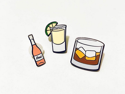 Rosé, Tequila, Whiskey Enamel Pins enamel enamel pin enamelpins graphic design illustration illustrator product design rosé tequlia whiskey