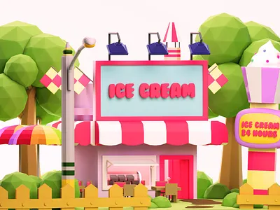 Ice Cream Shop Garden Scenery 3d modeling blender blender 3d blender3dart children book illustration children books low poly