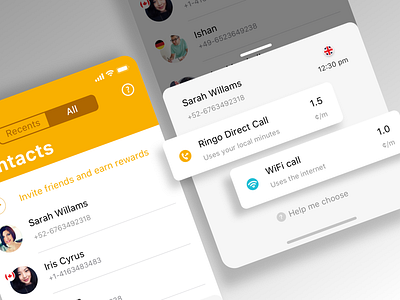 International calling with Ringo avatars calling cards iphone xs modal modality product design ringo roster ux design wifi call