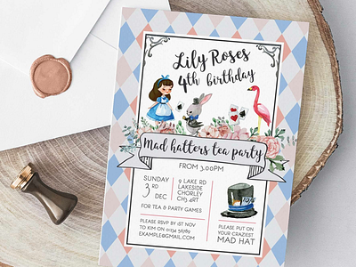 Mad hatters tea party invitation childrens. birthday design invitation party