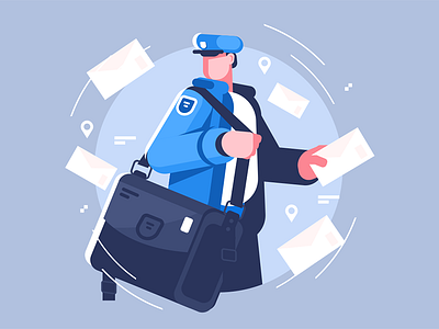 Postman with bag delivering letters bag character delivering flat illustration kit8 letter man postman uniform vector