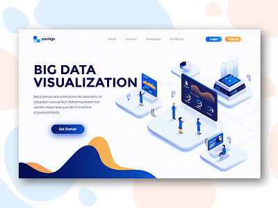 Data visualization 3d artificial intelligence business creative development illustration isometric landing man page people template ui woman