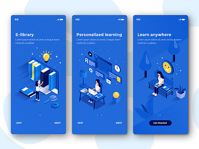 E-Learning app 3d app creative development education illustration isometric learning online screen template ui ux web woman