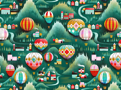 Hot air balloon pattern countryside farm hot air ballon illustration landscape map maps mountain pattern town