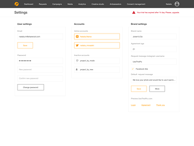 Settings branding error field product settings settings page social social app stratup ui uidesign user experience user settings ux webdesign website