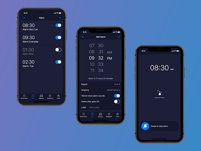 Alarm Clock iOS Application DailyUI Challenge alarm app animation app bold font branding dailyui dailyuichallenge design dribbble inspiration interaction design landing page minimal shot sketch typography ui ui ux ux website