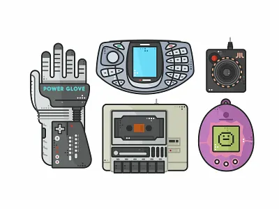Retro stuff arcade atari colors console gaming joystick nokia ngage oldie outline phone power glove retro games tamagotchi tech vector video