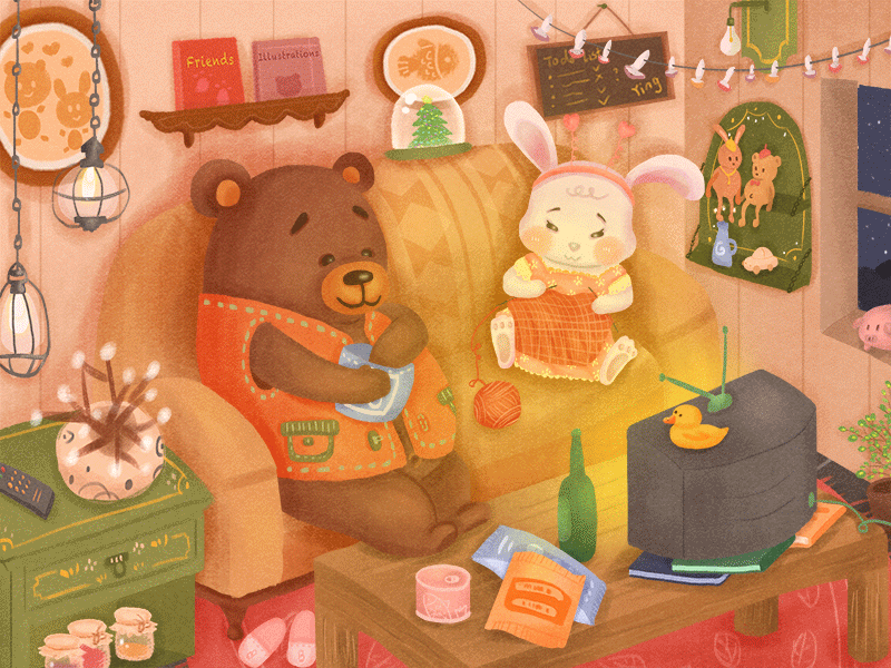 Roommates2 adorable animation bear children illustration cute decor gif animated house illustration night rabbit retro television