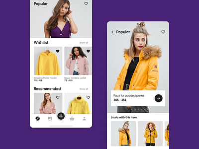 E-commerce with AI: exploration and popular screens aggregator ai app cards design e commerce exploration fashion interaction look machine learning mobile react native shopping shopping flow ui ux violet wish list yellow