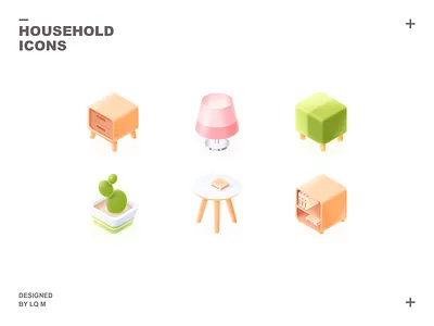 Isometric Household Icons 2.5d bedside table bookcase cactus furniture icon isometric isometric icons lamp photoshop plant side table stool table ui
