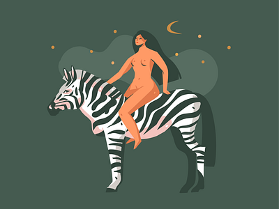 Wild girl abstract animals art cartoon character design digital flat girl girl character illustration nature night safari summer vector wild animal wildlife woman zebra