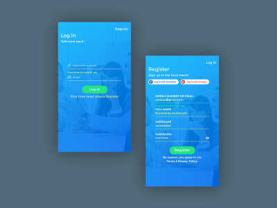Log in, Register | Events app business clean colorfulapp design designer eventsapp graphicdesign illustration internet iphoneapp layout log in minimalist mobile modernui online register ui ui concept ux