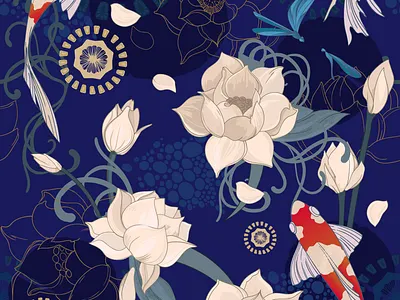 Lilly and fish pattern art artwork bright creativemarket design digital fish flower illustration lilly and fish pattern patter pattern seamless vector