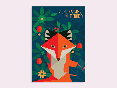 Fox animal flat fox leaf origami poster