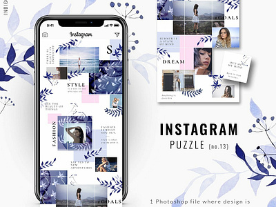 Instagram PUZZLE template - Indigo blogger blue branding elegant feminine floral flowers indigo indigo template instagram instagram grid instagram grid template instagram puzzle template instagram template modern puzzle social media template templates watercolor