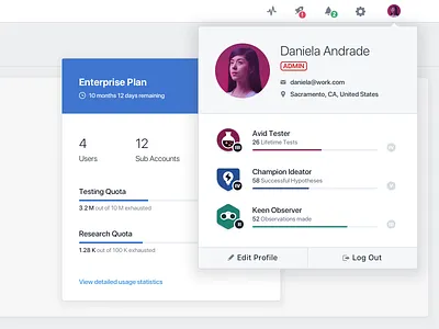 VWO Profile Dropdown application badges card dropdown gamification gamify profile saas web webapp
