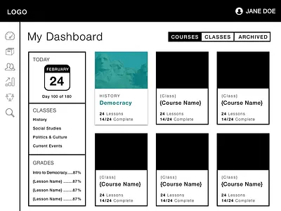 Dash 1 course list dashboard e learning education learning manager ui web wireframe