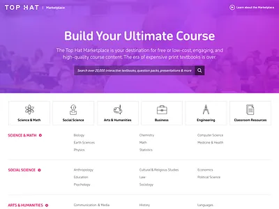 Top Hat Marketplace Homepage design ecommerce edtech education gradient hero home homepage marketplace pink purple search search bar top hat ui ux