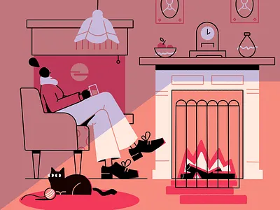Living Room cat character fire fireplace illustration room vector winter