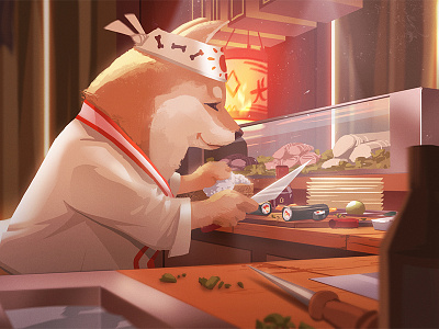 Shiba Sushi Chef background character concept art design dog environment graphic illustration light painting shiba inu visual development