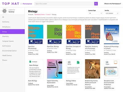 Top Hat Marketplace Subject Page design ecommerce edtech filter grid marketplace navigation purple search shop ui ux web