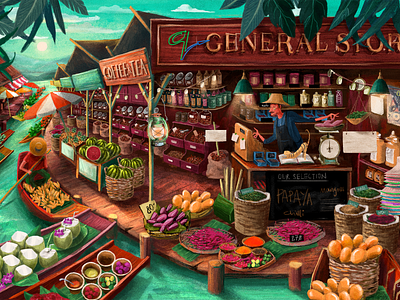 General Store animation branding character charactercreation conceptart creature design digital floatingmarket forest illustration illustrator landscape mural thailand travel ui website website concept whimsical