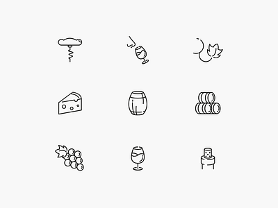 Set of icons: wine bottle cheese grape icon wine