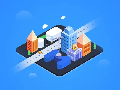 City-MT bitcoin buiding car city illustration