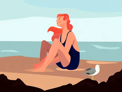 Immersion art beauty bird breath character coast color design girl graphic hair illustration ocean sand sea summer vector water