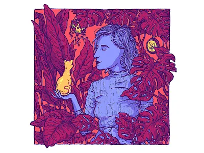 Natural habitat blue cat coloured drawing girl illustration ink ink drawing ink illustration ink painting monstera orange pen plant plants portrait purple red sketch book woman