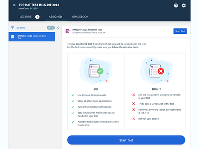 Top Hat Test Student Instructions app design desktop app edtech faq illustration instructions start test top hat ui university ux ux ui web