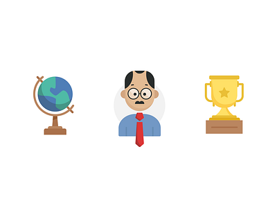 Globe, Man & Trophy 2d achievement achievements business first flat geometric glasses globe icon icons illustration man old shirt tie travel trophy winner world