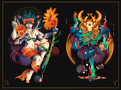Astral.12 Virgo & Aries aries character design character designer design freelance illustration peru prints virgo zodiac zodiac signs