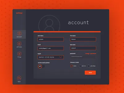Daily UI 007: Settings account account settings daily ui dark dark ui form icon icons settings ui ux
