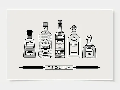 Tequila - Bar Poster alcohol bar posters black and white bottles cocktail flat design illustration ink casket line illustration minimal art minimal art prints minimalist poster print tequila wall art wall posters