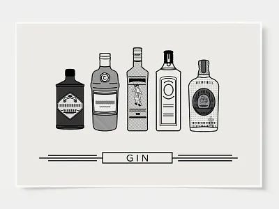 Gin - Bar Poster alcohol bar posters black and white bottles cocktail flat design gin illustration ink casket line illustration minimal art minimal art prints poster print wall art wall posters
