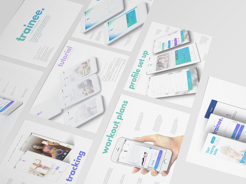 Trainee - Personal Training App + Branding + Deck Design app app design branding coach deck exercise fitness gym logo pastel personal training presentation purple slides slideshow startup trainer ui ux design wireframe design workout
