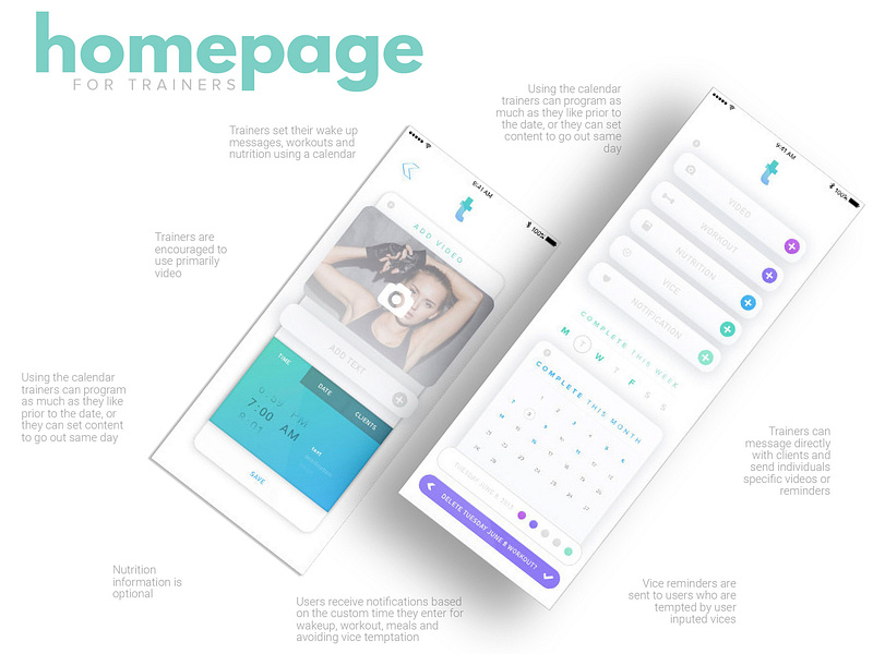 Trainee - Personal Training App app design blue booking calendar clean deck fitness gym pastel personal training presentation purple scheduling slides ui ux user account wireframes