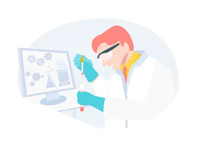 Scientist Doing Research With Chemistry Liquid analyzing biology chemical element experiment illustration laboratory medicine monitor pharmacy researcher vector