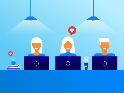 Happy at Work character coffee design digital illustration employee hair heart illustration laptop office people smile vector work worker