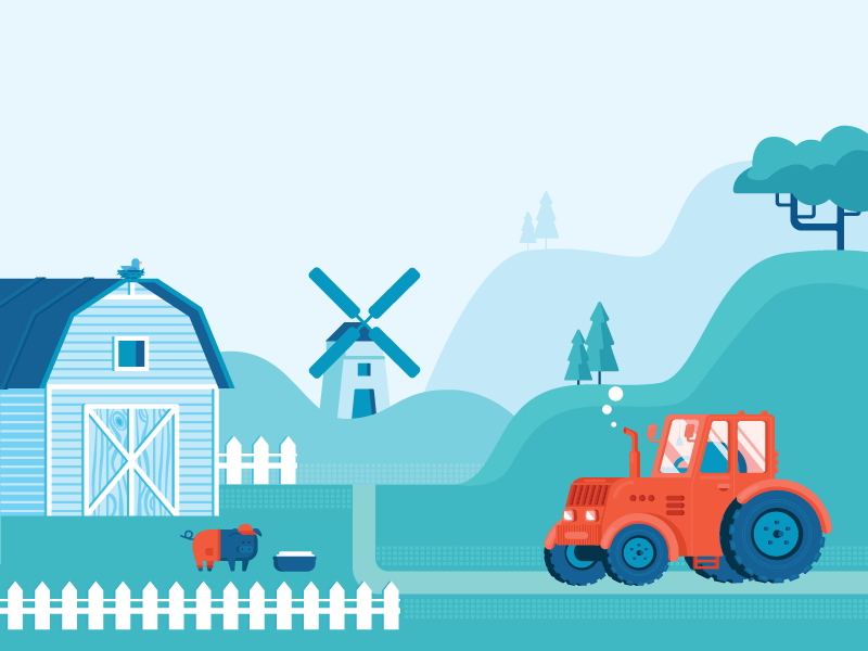 Farm animal barn car farm fence forest grass illustration job mill nature pig tractor tree village work worker