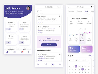 Social Manager App Interface app bottom menu design flat home screen interface manager minimal mobile notifications product design social stats ui ux