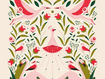 Birds of Paradise animal bird flamingo flat flowers forest garden illustration leaf pastel pattern plant stork texture vector