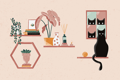 Kitty Camouflage Illustration adobe illustrator art black cat books cat digital art drawing illustration illustrator kitten plants scene vector vector drawing