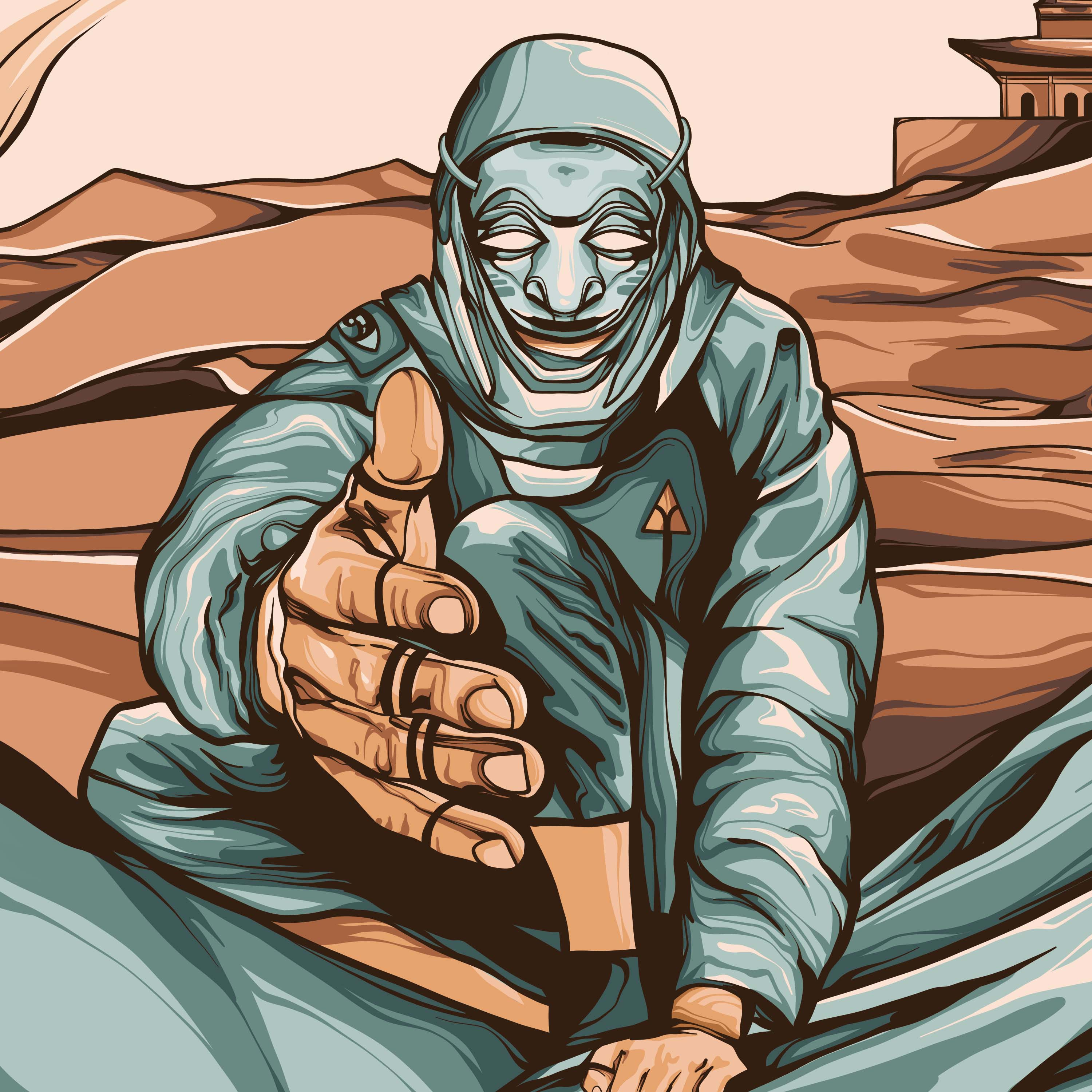 Cosmic Healer bio hazard blue bonsai cosmic desert digital art dystopian futurism eye hand healer hoodie illustration poster art poster design posters sand surreal teal tree warrior