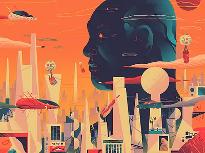 Future SoftBank cars city drones editorial future head illustration landscape profile robots