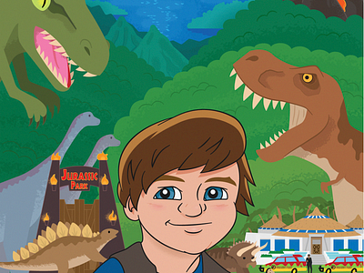 Jurassix (6) Benicio (hold me closer, tiny Goldblum) birthday character design child dino dinosaur explorer ford illustration jurassicpark raptor stegosaurus trex triceratops vector