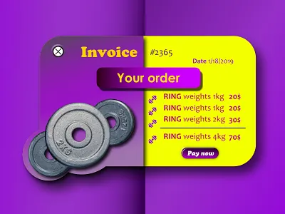 Daily UI #46 - Invoice affinity designer daily 100 challenge daily ui 46 dailyui dailyui 46 gym gym weights invoice invoice design invoice template order pay now purple and yellow ring ring equipment weights workout your order