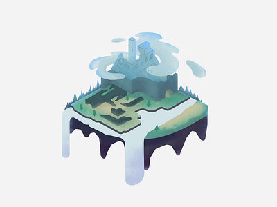 Unfinished Isometric Floating Island idea castle clouds design flat floating floating island grass illustration island pastel unfinished vector waterfall