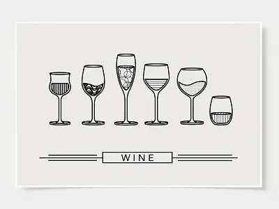 Wine Glass Designs - Poster alcohol bar posters black and white bottles cocktail flat design illustration ink casket line illustration minimal art minimal art prints poster print wall art wall posters wine wine cup wine glass